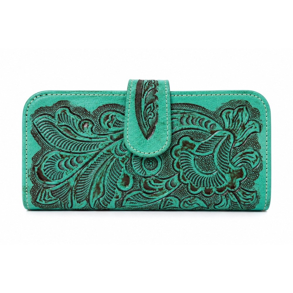 NEW Hand Tooled Floral Leather Wallet Turquoise Western‎ Cowgirl Boho Clutch